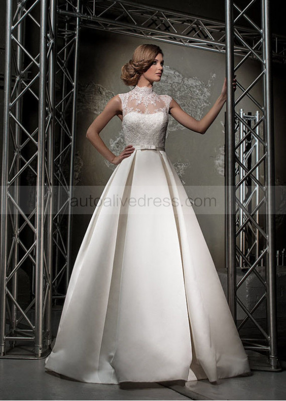 A-line Ivory Lace Satin High Neck Sweep Train Wedding Dress 